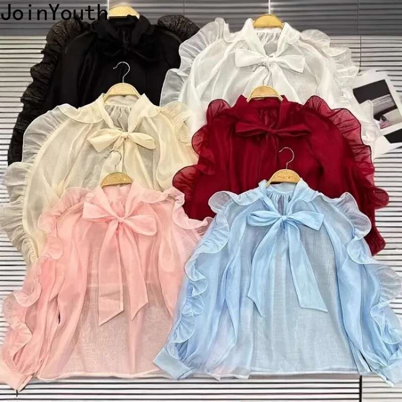 Chic Women Blouses Bandage Bow Chiffon Shirts 2025 Camisas De Mujer Ruffles Long Sleeve Sweet Tops See Through Summer Blouse