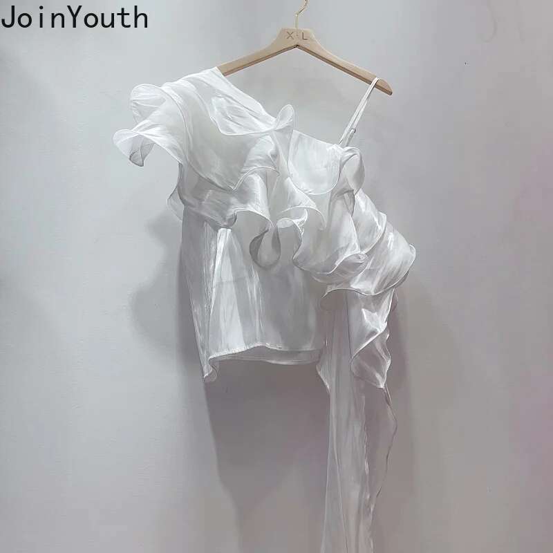 Sexy Camisas De Mujer Summer Blouse 2025 Women Clothing Sleeveless Off Shoulder Shirts Crop Tops Chic Irregular Ruffles Blouses