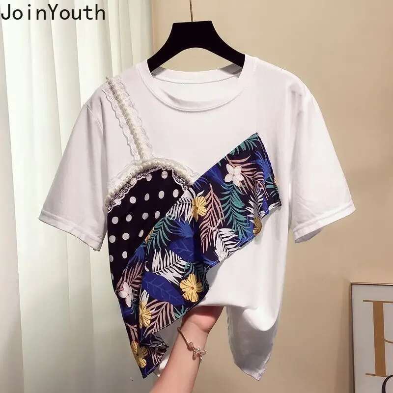 Contrast Color Tshirts for Women Summer Tees Fashion Korean Camisetas Print Beading Casual Tops Short Sleeve Loose Y2k T Shirt