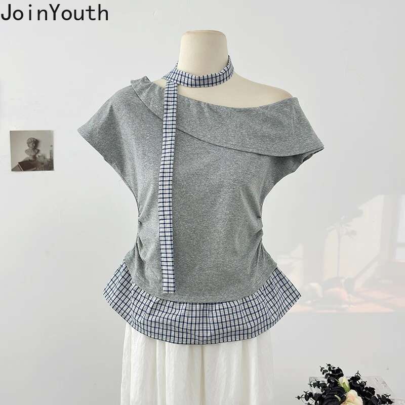 Summer Woman Tshirts Patchwork Plaid Camisetas Fake Two Korean Tees 2025 Ropa Mujer Off Shoulder Slim Fit Irregular T-shirt Tops