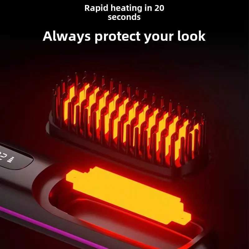 LCD Straight Hair Comb Portable Travel Hair Straightener Anti-Scald Heated Styling Brush USB Charging Cordless Hair StraightenerXJ250621