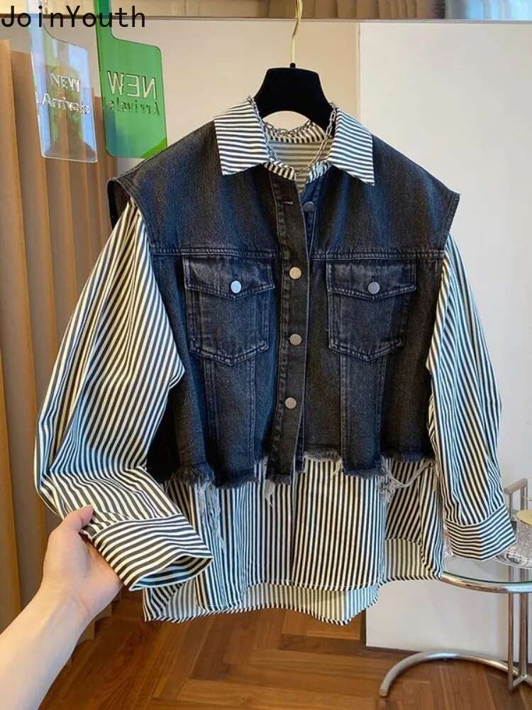 Blouse Womens Clothing Vintage Denim Patchwork Fake Two Shirts 2025 Blusas Mujer De Moda Casual Striped Y2k Oversized Tops