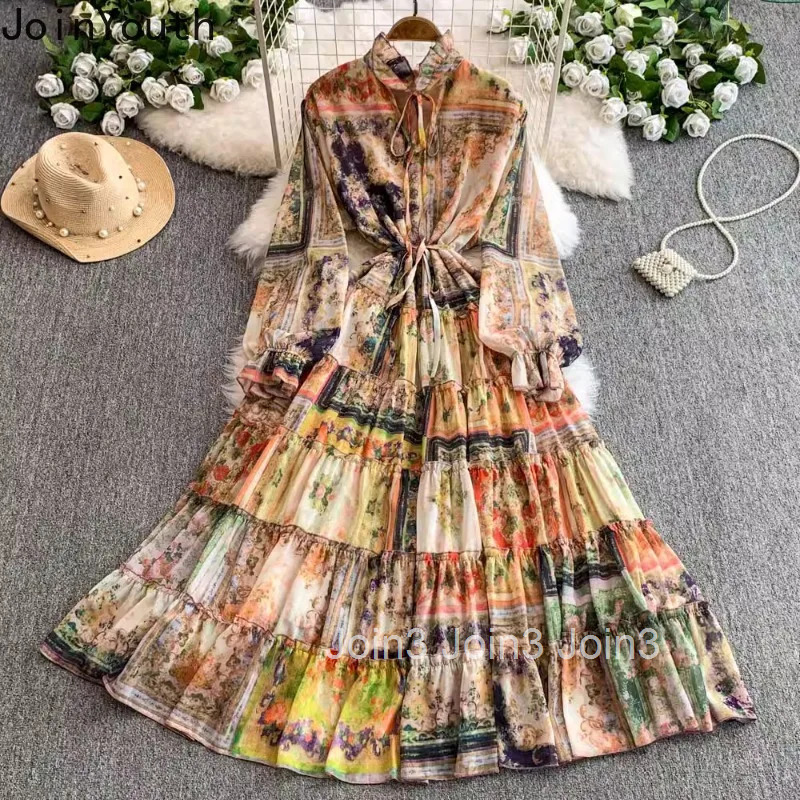 Vintage Maxi Dress Womens Clothing 2025 Vestidos De Mujer Floral Chiffon Slim Waist Robe Femme Fashion Summer Sweet Dresses