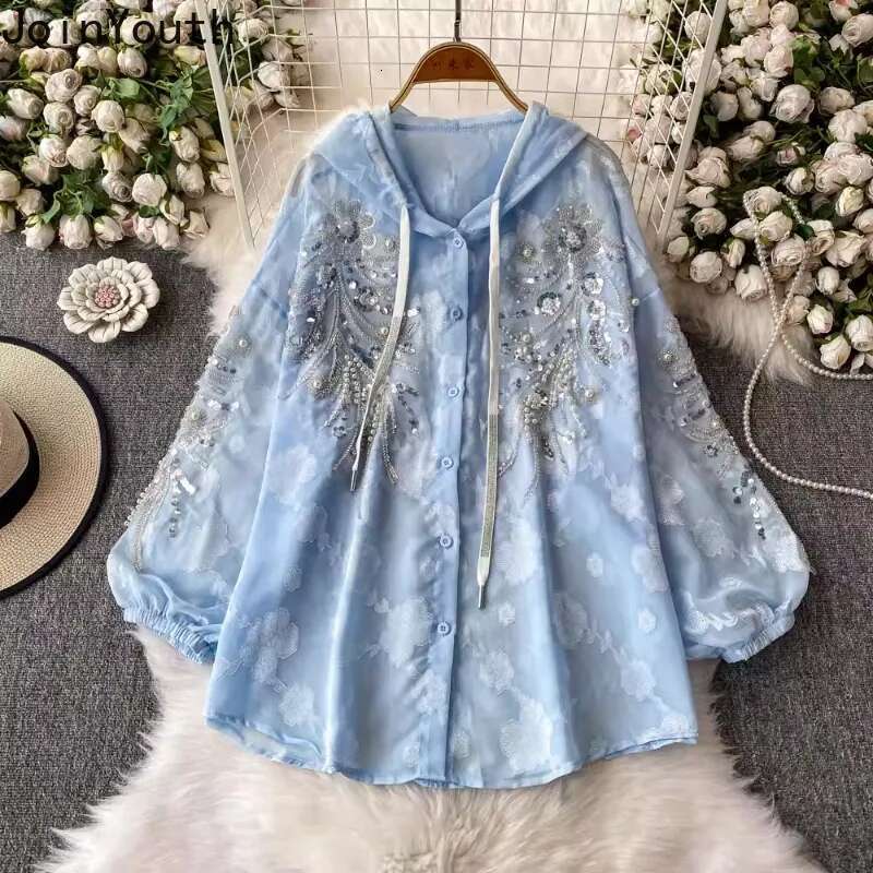 2025 Blusas Mujer De Moda Heavy Sequin Beading Blouse Womens Clothing Long Sleeve Loose Hooded Shirts Temperament Tops Female