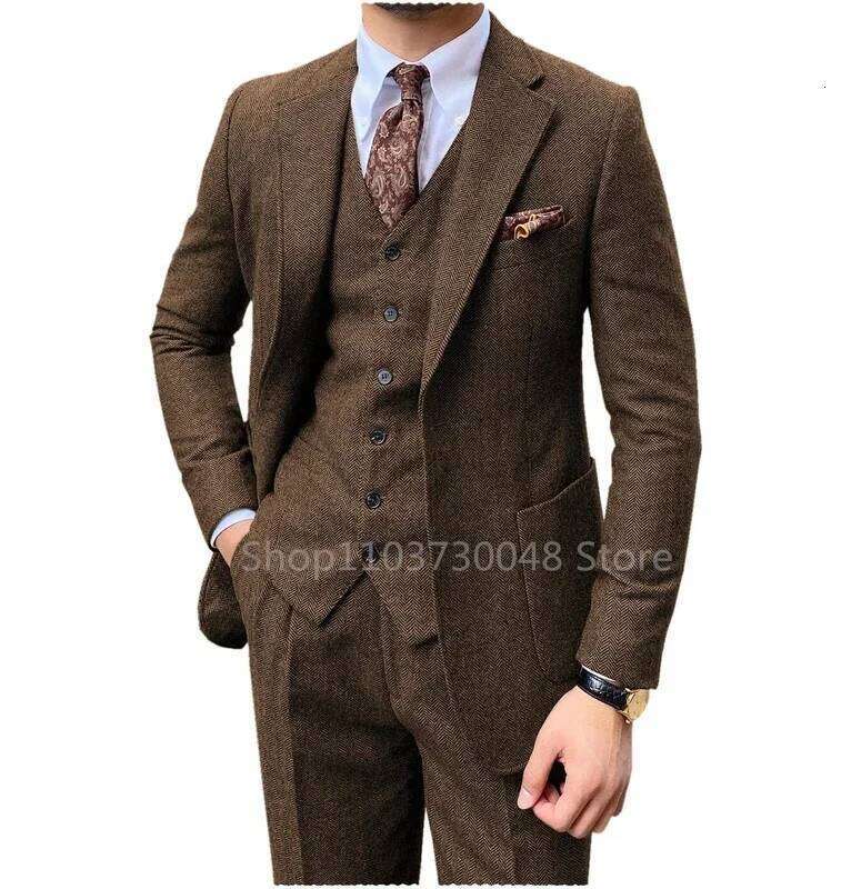 3 Piece Grey/Brown Mens Herringbone Wedding Suit Prom Tuxedos Peak Lapel Tweed For Business Slim Fit (Blazer+Vest+Pants)