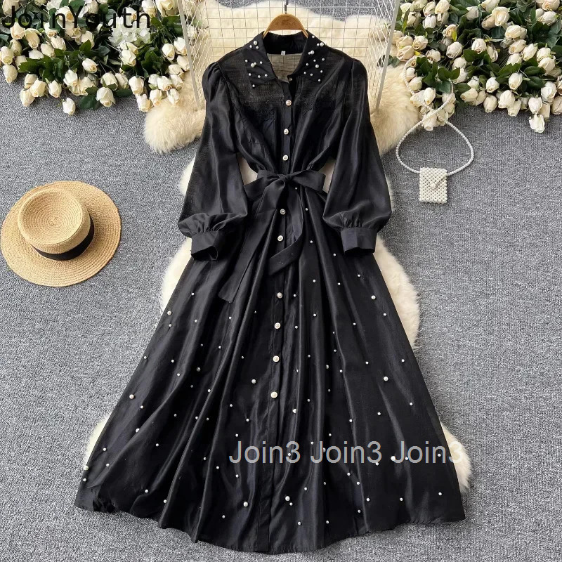 Vintage Robe Femme Heavy Beading Lapel Neck Maxi Dresses Sexy Bandage Slim Waist Bottoming Camisole Dress Women Two Piece Sets