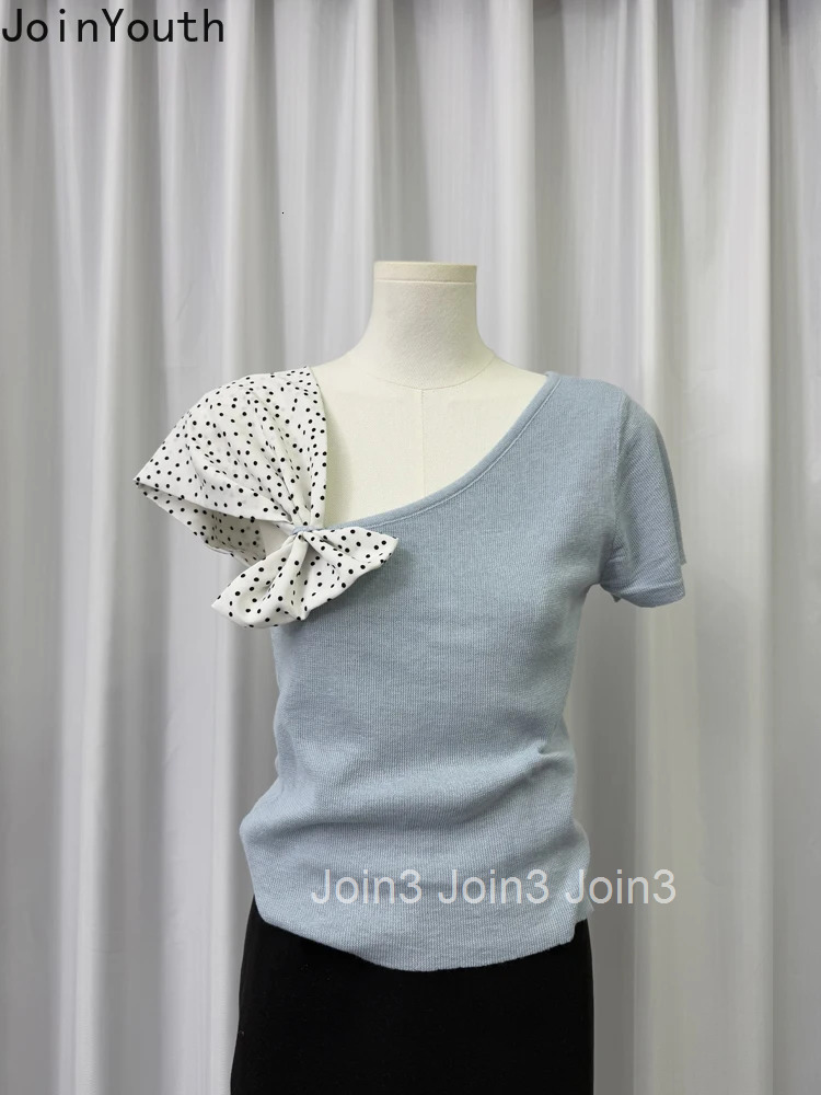 2025 Ropa Mujer Summer T Shirts Polka Dot Bow Skew Collar Tees Womens Clothing Short Sleeve Loose Tees Chic Korean Tshirt Tops
