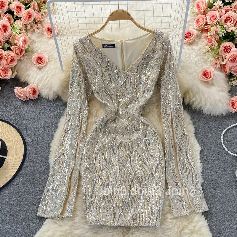 2025 Vestidos De Mujer Sexy Bodycon Dress for Women V-neck Long Sleeve Tunic Temperament Robe Femme Sequin Fashion Mini Dresses