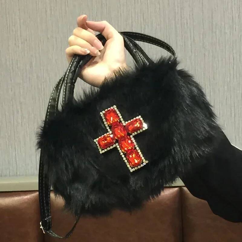 DHGM Xiuya Y2k Gothic Handbag Soft Plush Black Cross Applique Shoulder Fashion Haruku Style Punk Hip Hop Biker Crossbody Bag