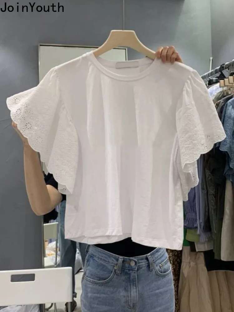 Shirts for Women Fashion Korean T Shirts Patchwork Lace Flying Sleeve Tees 2025 Ropa Mujer Y2k Tops Casual Summer Crop Tshirt