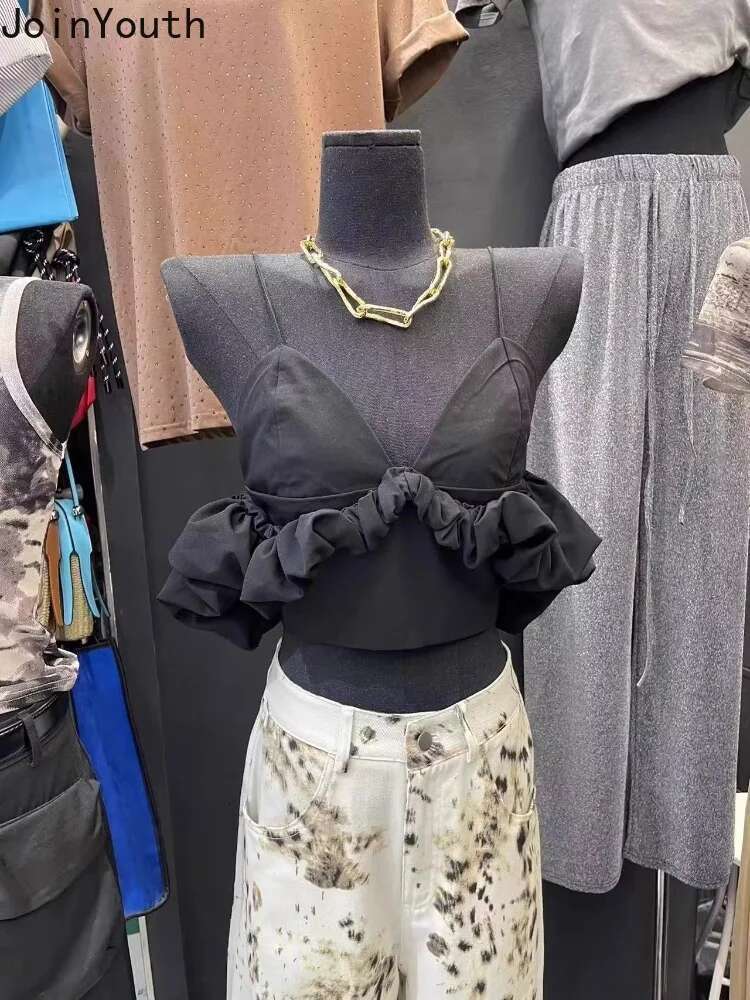 Fashion Y2k Top Women Clothing V-neck Off Shoulder Sling Vest Korean Folds Zipper Tunic Crop Tops Summer Tanks 2025 Ropa Mujer