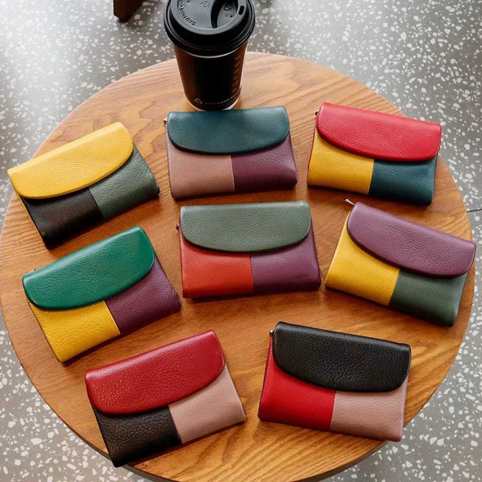 Women Tricolor Wallet Cow Leather Card Holder Clutch Zipper Coin Pocket Short Wallet Cash Purse With Photo ID Window Z250621