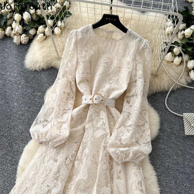 Vintage Maxi Dresses for Women Puff Sleeve Lace Hollow Out Robe Femme 2025 Vestidos De Mujer A-line Temperament Summer Dress