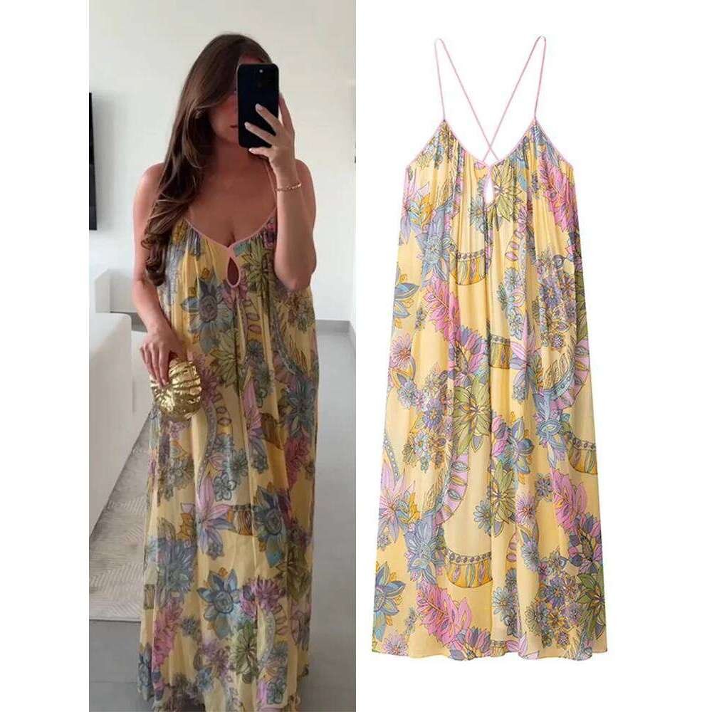 Print Floral Women's Dress Halter V-neck Sleeveless Hollow out Straight Female Dresses 2025 Summer Elegant Vacation Lady Robe
