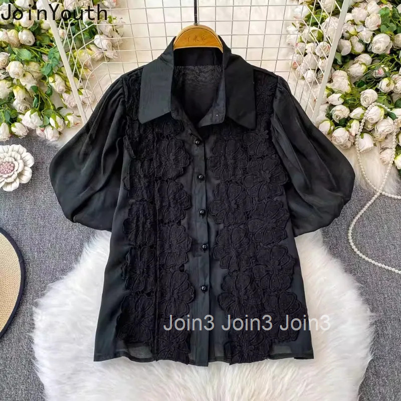 Camisas De Mujer White Blouse for Women 2025 Lace Floral Embroidery Short Sleeve Shirts Vintage Loose Summer Blouses Tops Female