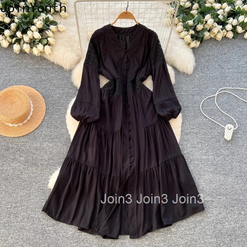 Vintage Dresses Women Clothing V-neck Lantern Sleeve Slim Waist Robe Femme Single Breasted Hollow Out Maxi Dress Vestido Femme