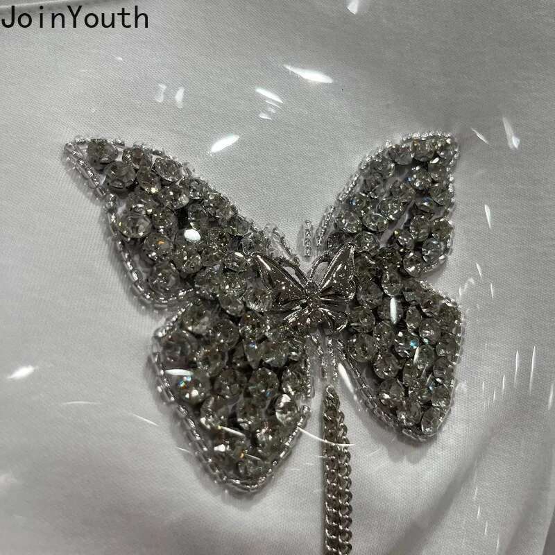 Summer Woman T Shirts Crop Tops Sweet Korean Tees Short Sleeve O-neck Slim Fit Camisetas Beading Butterfly Tshirts Ropa Mujer