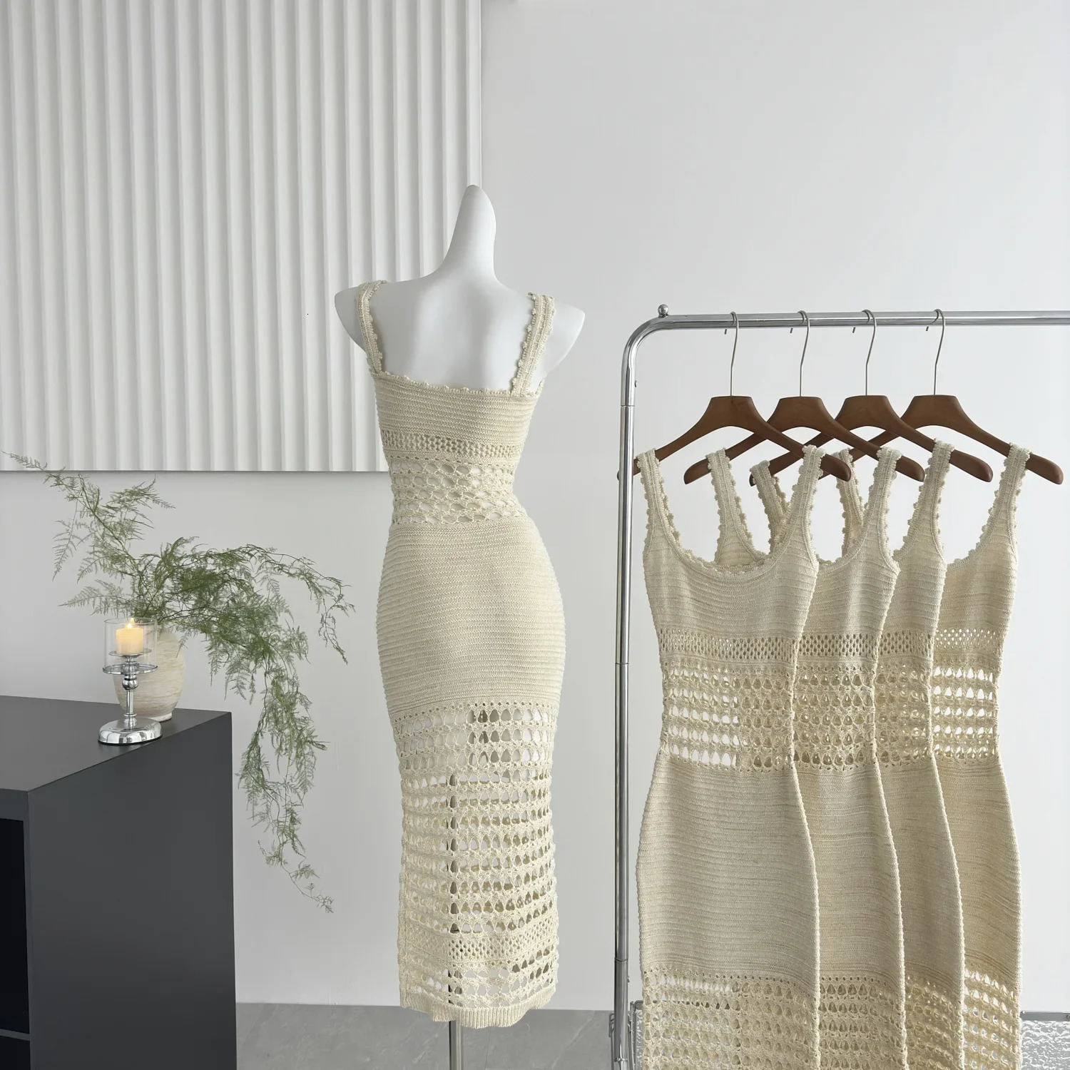 Sexy Sparkling Hollow out Long Knitted Dress with Shiny Thread Strapless Empire Waist Ankle Length Womens Summer Arrival 250617