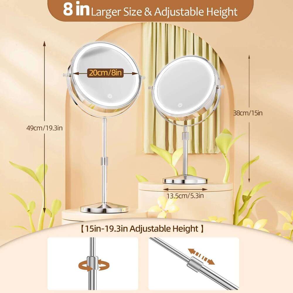 8 Inch Makeup With Light Lamp 10X Magnification 3 Color Lights,Adjustable Brighess Height Standing Cosmetic Mirror