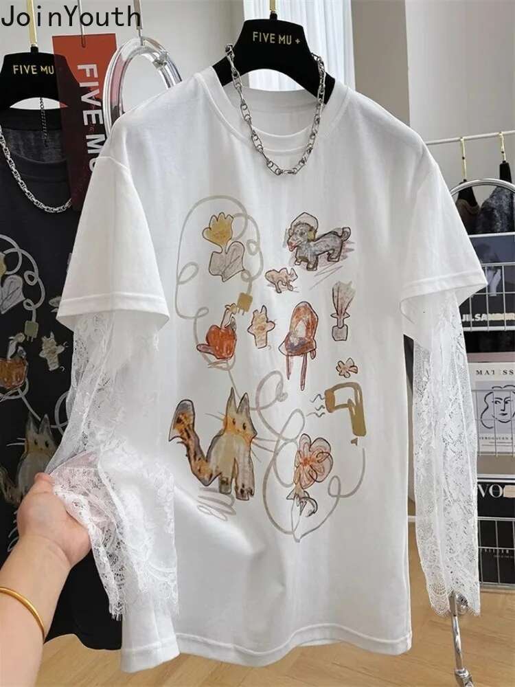 Korean Fake Two T Shirts Women Clothing Patchwork Lace Long Sleeve Tees Y2k Tops Cute Anime Oversized T-shirt 2025 Ropa Mujer