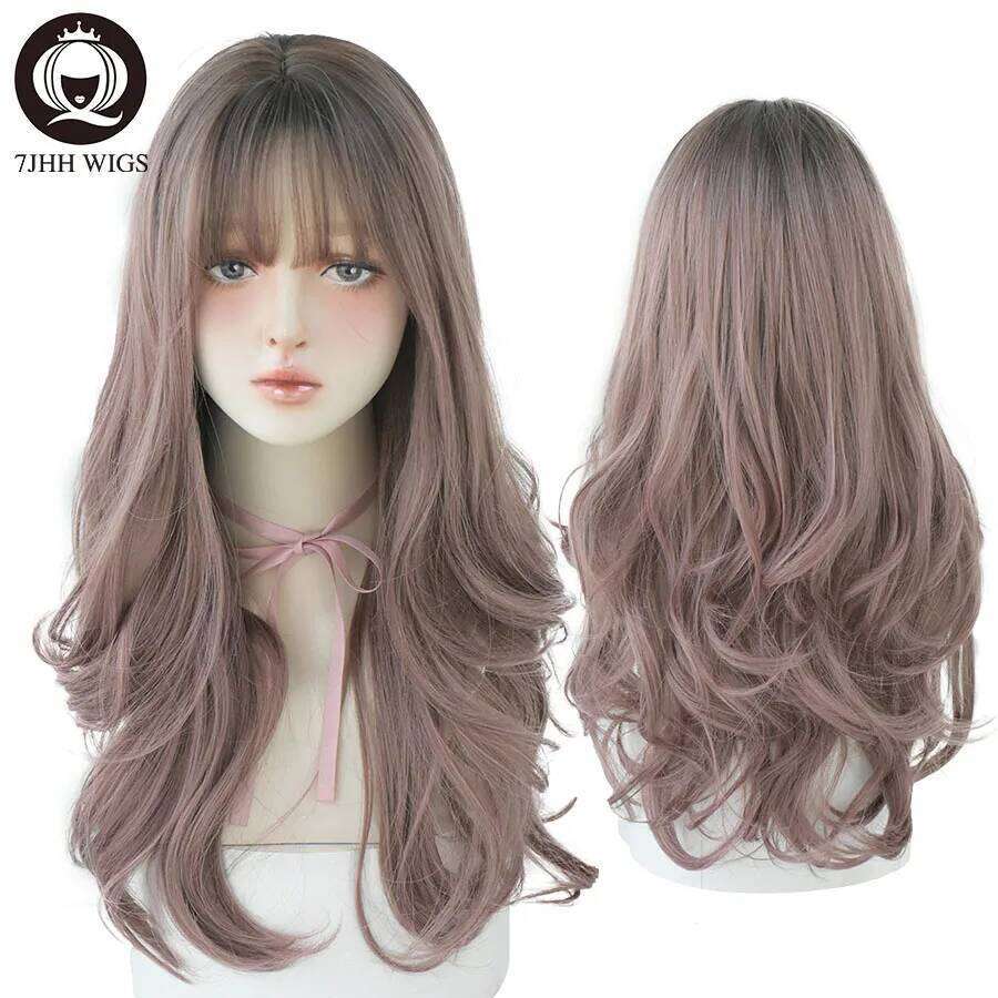 7JHH WIGS Long Fashion Deep Wave Pink Ombre Brown For Women Synthetic Loose Hair Wigs With Bangs Heat Resistant Thick Wig
