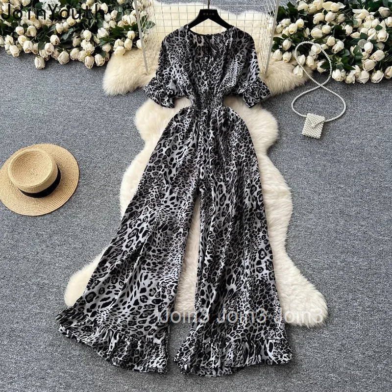 Floral Jumpsuit Womens Clothing V-neck Short Sleeve Elastic Waist Wide Leg Pants Bodysuit Chic Vintage Rompers Summer Playsuit