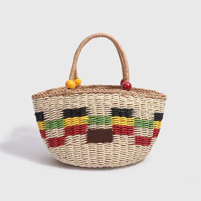 New Straw Designer Shoulder Bag Women's Free Shipping Picnic Basket Tassel Wood Bead Decoration Cute Handbag Bucket Bag Gift