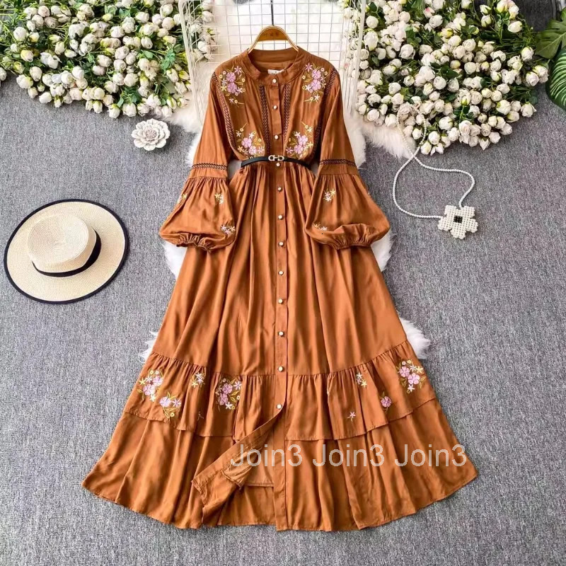 Vintage Dresses Women Clothing Lantern Sleeve Single Breasted O-neck Robe Femme A-line Big Swing Floral Embroidery Maxi Dress