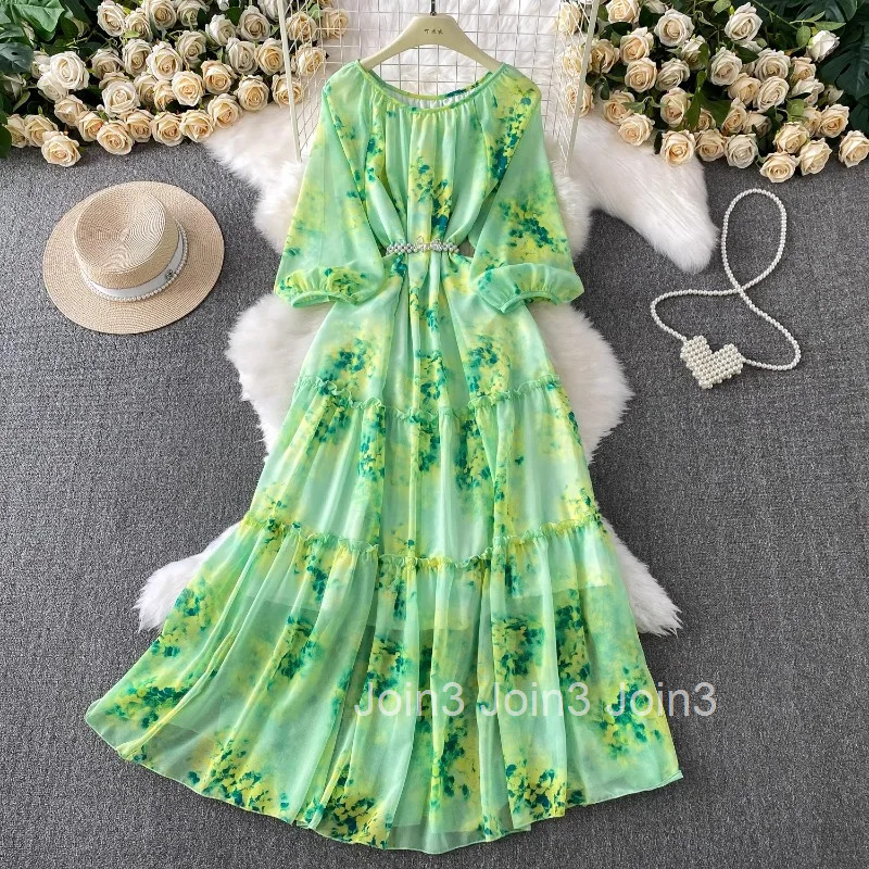 Chiffon Dress for Women Lantern Sleeve Print Summer Robe Femme Ruffles Slim Waist Big Swing Maxi Dresses 2025 Vestidos De Mujer