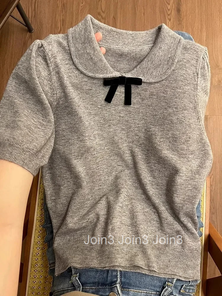Peter Pan Collar Knitted T Shirts for Women Short Sleeve Casual Tees Crop Tops 2025 Ropa Mujer Fashion Bow Simple Summer T-shirt