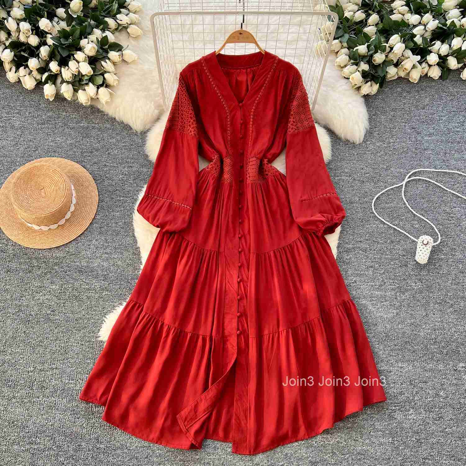 Vintage Dresses Women Clothing V-neck Lantern Sleeve Slim Waist Robe Femme Single Breasted Hollow Out Maxi Dress Vestido Femme