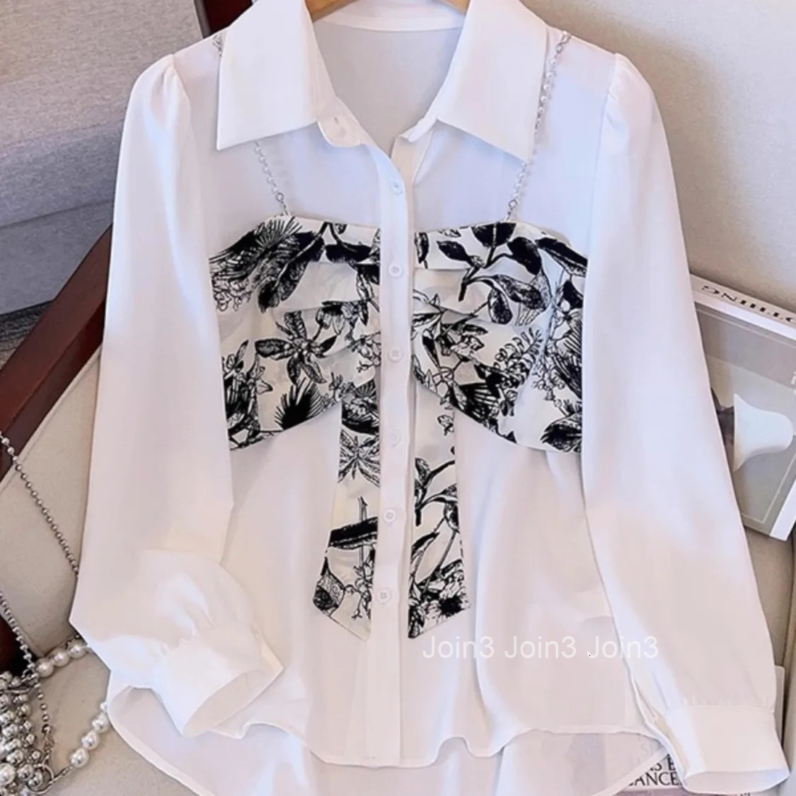 Fake Two Women Shirts 2025 Camisas De Mujer Long Sleeve Patchwork Print Blouses Beading Fashion Korean Blouse Tops Female 27y433