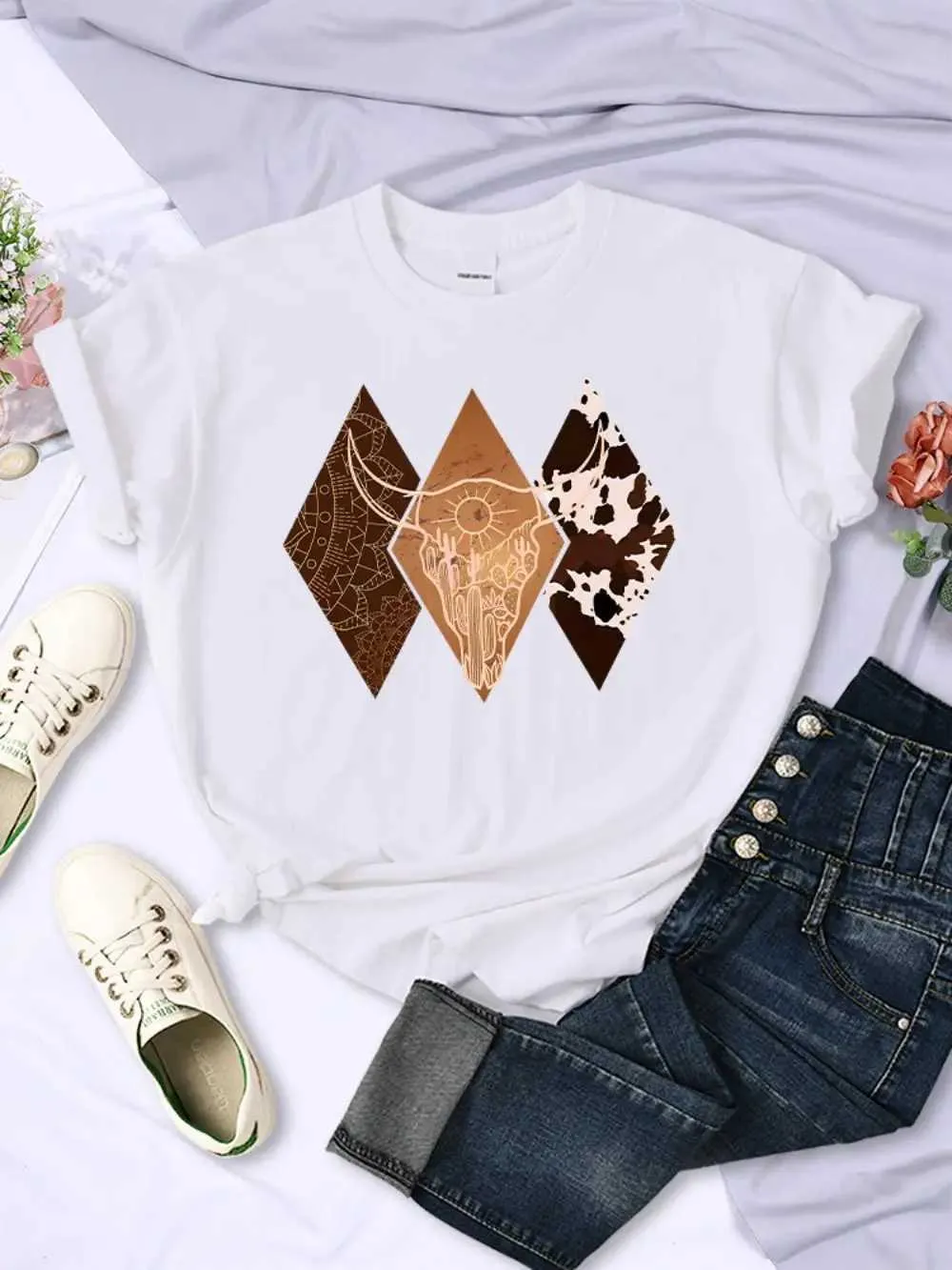 T-Shirts Kawaii Woman Cowboy Style Pattern Printed Short Sleeve Breathable O-Neck Soft T Shirts Summer Street Female Clothes