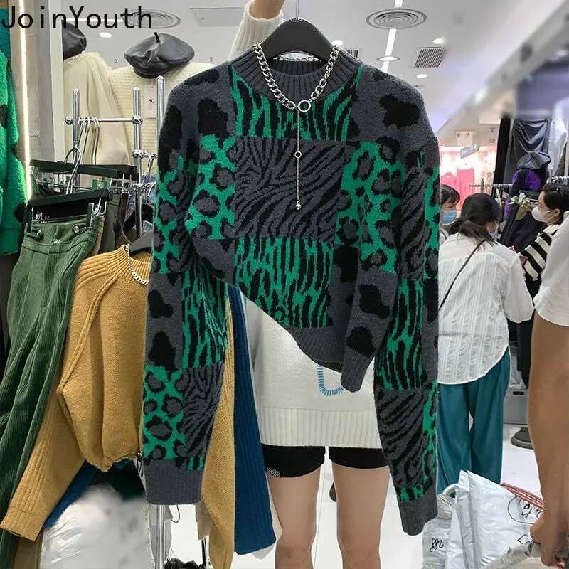 2025 Fall Clothing Pullovers Fashion Tops for Women Vintage Leopard Print Knit Sweaters Korean Loose Jumper Sueter De Mujer