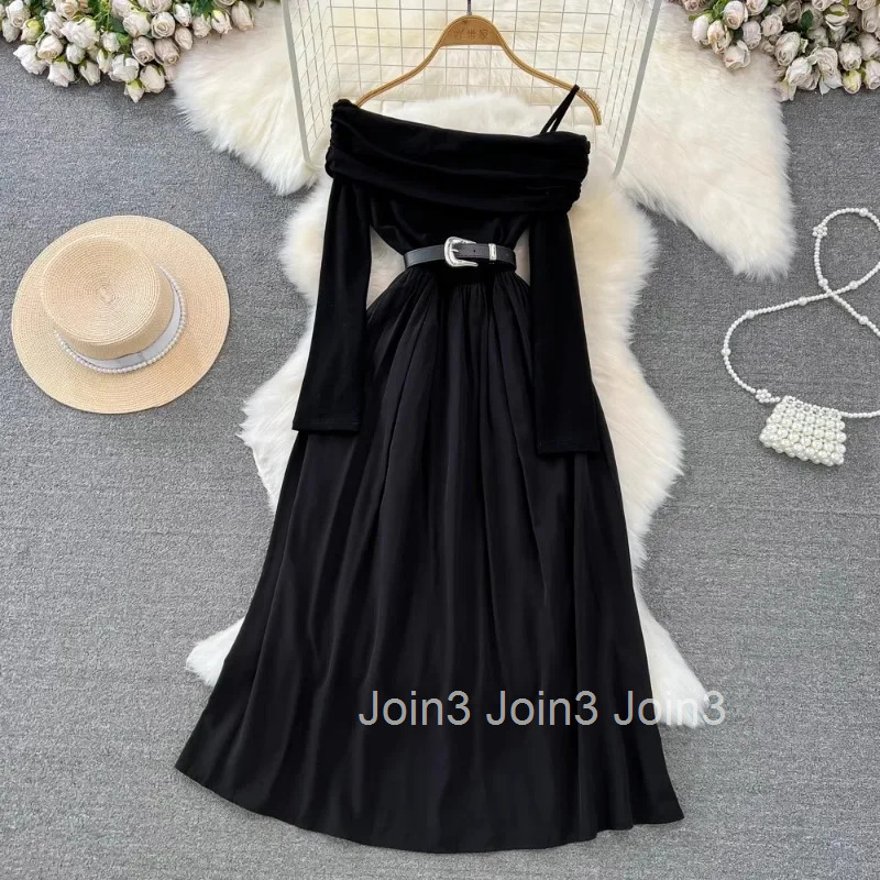 2025 Vestidos De Mujer Floral Dress Women Sexy Slash Neck Black Robe Femme Slom Waist Off Shoulder A-line Temperament Dresses