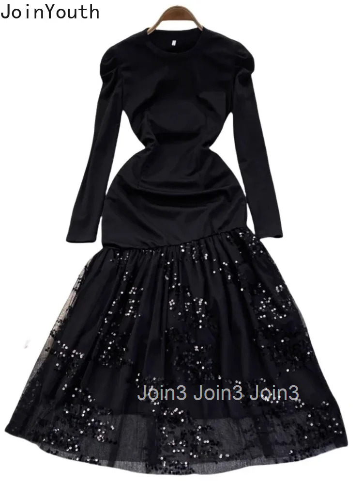 2025 Vestidos De Mujer Gauze Patchwork Sequin Knitted Dresses Tunic Temperament Robe Femme Contrast Color Bodycon Party Dress