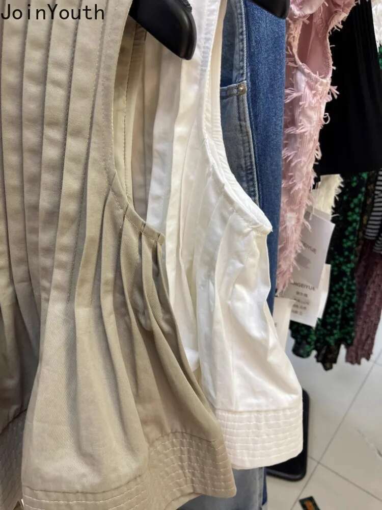 2025 Ropa Mujer Summer Tanks for Women Sweet Solid Color O-neck Sleeveless Vest Loose Fashion Korean Vintage Pleated Tops 27v559
