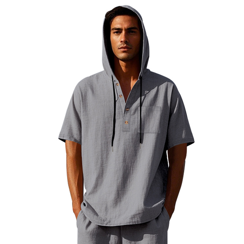 Men's linen shirt, casual short-sleeved simple pullover loose men's hooded Henry short-sleeved T-shirt S-3XL (European Size)