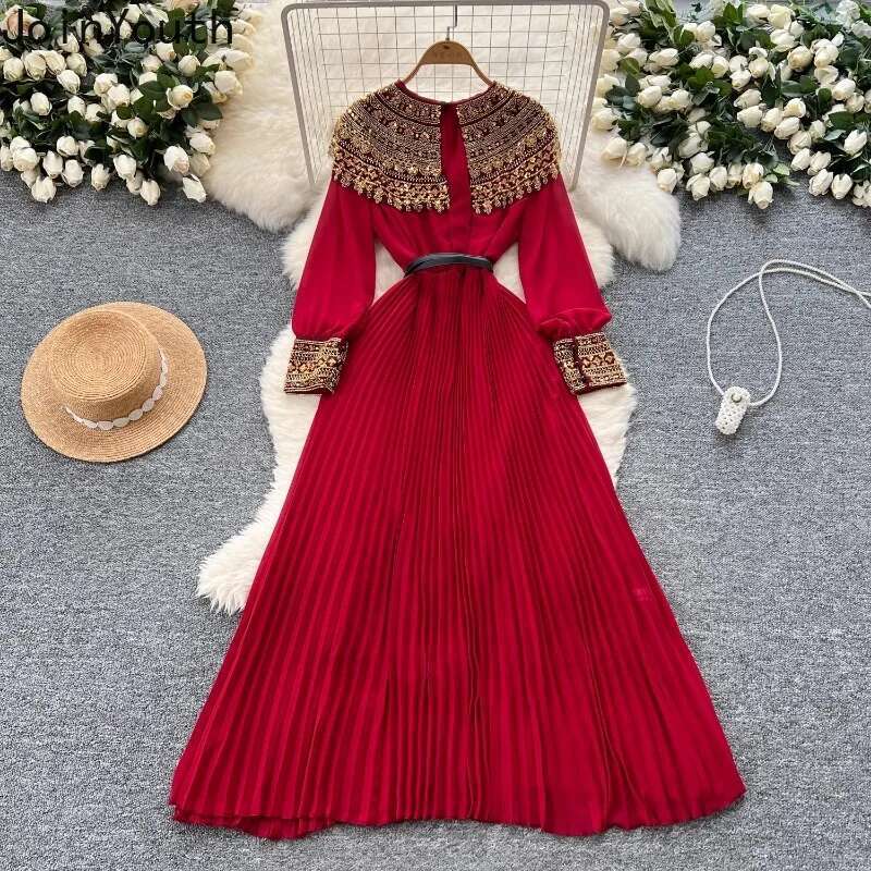 Temperament Robe Femme Maxi Dresses for Women Long Sleeve O-neck Sequin Slim Waist Vintage Pleated Dress 2025 Vestidos De Mujer