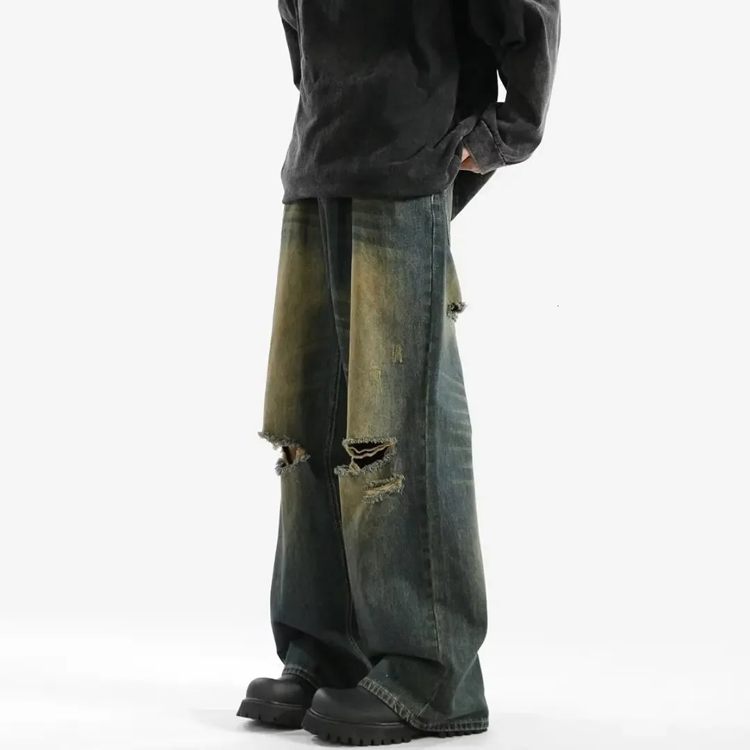 Vintage Hemp Stained Ripped Jeans Mens Summer Trendy Punk Cool Loose-fit Straight-leg Pants Sensibility Floor Pants 250617