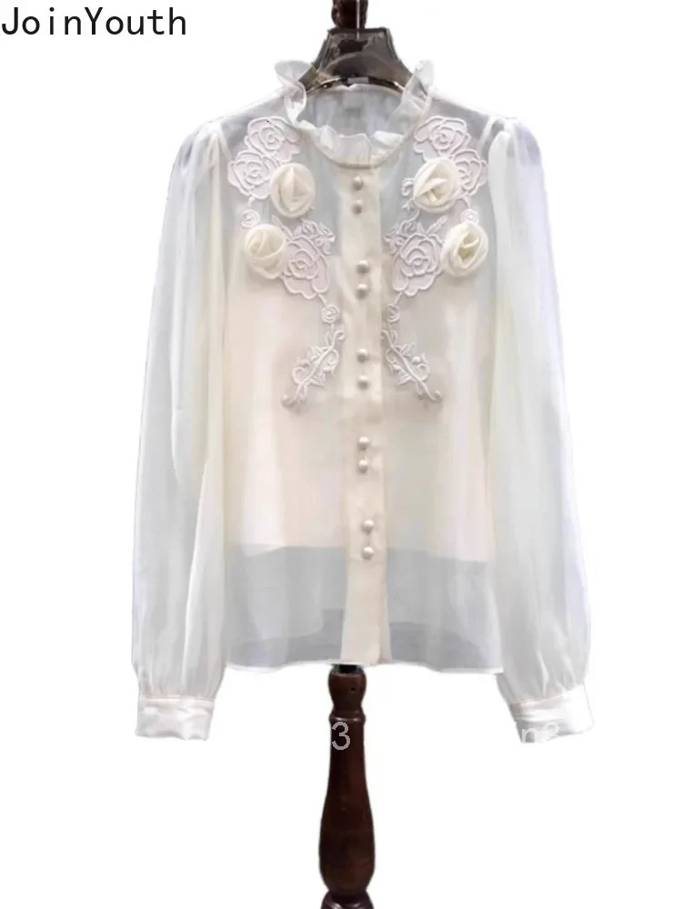 Korean Fashion Blouses Sets Two Piece Suit Stand Neck 3D Floral Long Sleeve See Through Shirt Sexy Vest Outfits Summer Clothing