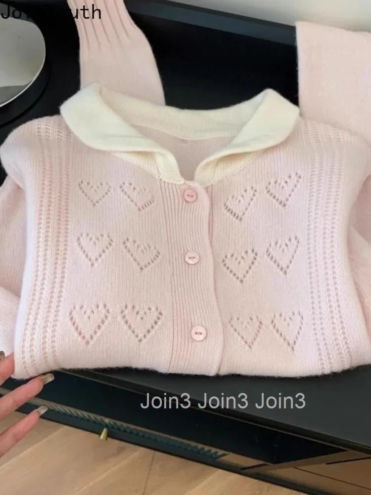 Pink Cardigan Coat Fall Winter Women Clothing Pull Femme Korean Sweet Sueter Mujer Love Crochet Casual Vintage Knitted Sweater