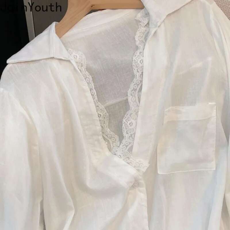2025 Camisas De Mujer White Long Sleeve Blouses Womens Clothes Patchwork Lace Fashion Shirts See Through Oversized Sexy Tops