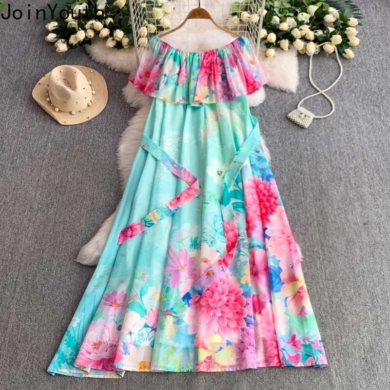 Summer Dresses Women Sweet Floral Slash Neck Slim Waist Robe Femme 2025 Vestidos De Mujer Fashion Big Swing Chiffon Maxi Dress