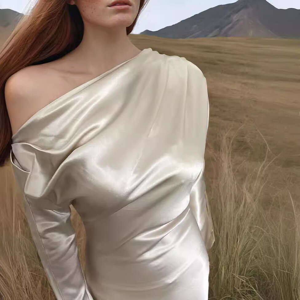 White Skirt Maxi Skirt Asymmetric Shoulder Triacetate Solid Color Off Shoulder Dress Long Sleeve Elegant Long Skirt