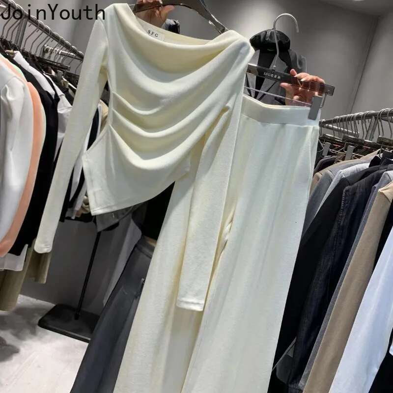 2025 Women Clothing Korean Two Piece Sets Slim Waist Irregular Tops High Waist Straight Wide Leg Pants Outfits Casual Chic Suit
