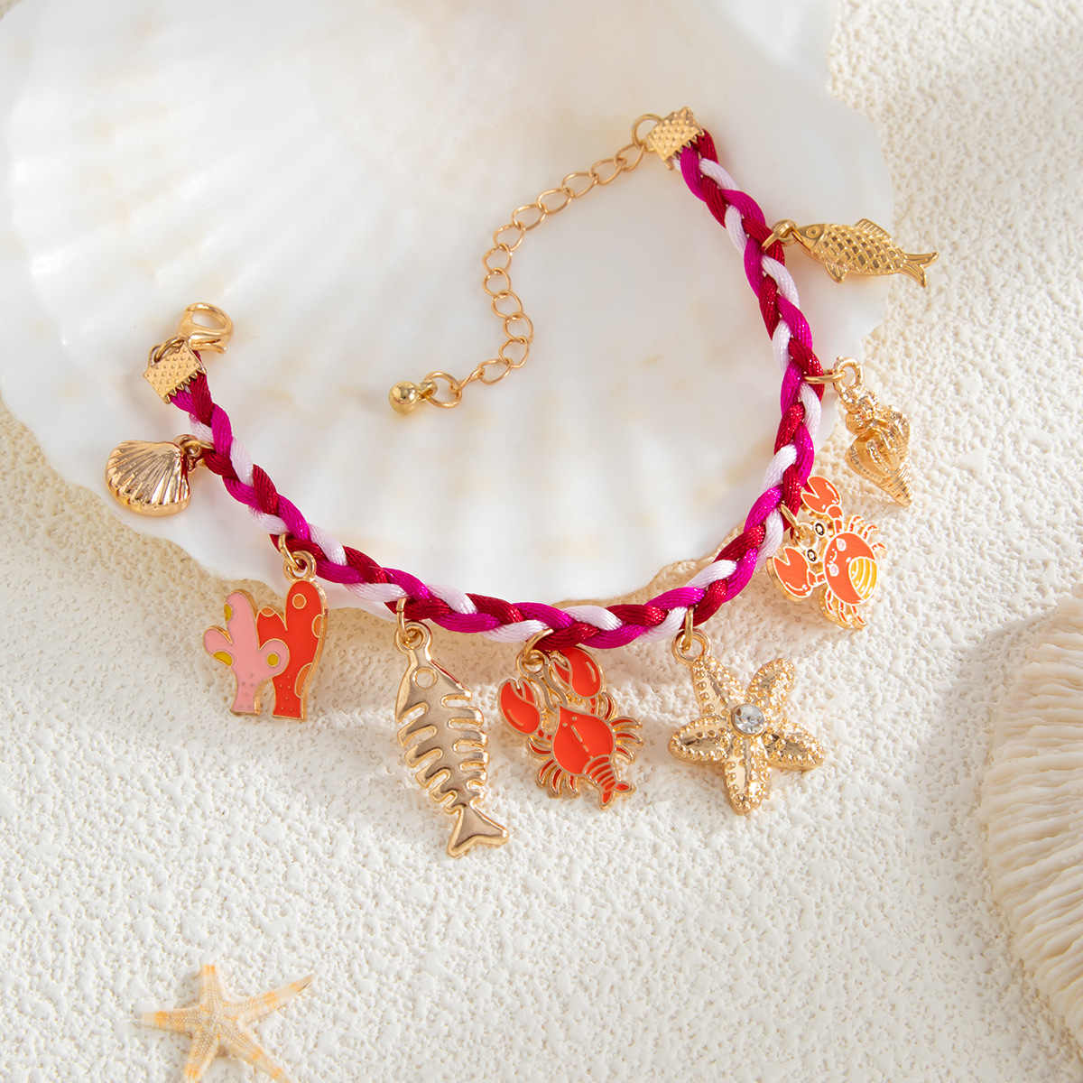 European and American Style Summer Seaside Starfish and Scallop Alloy Pendant Bracelet with Creative Color woven Tassels for Women