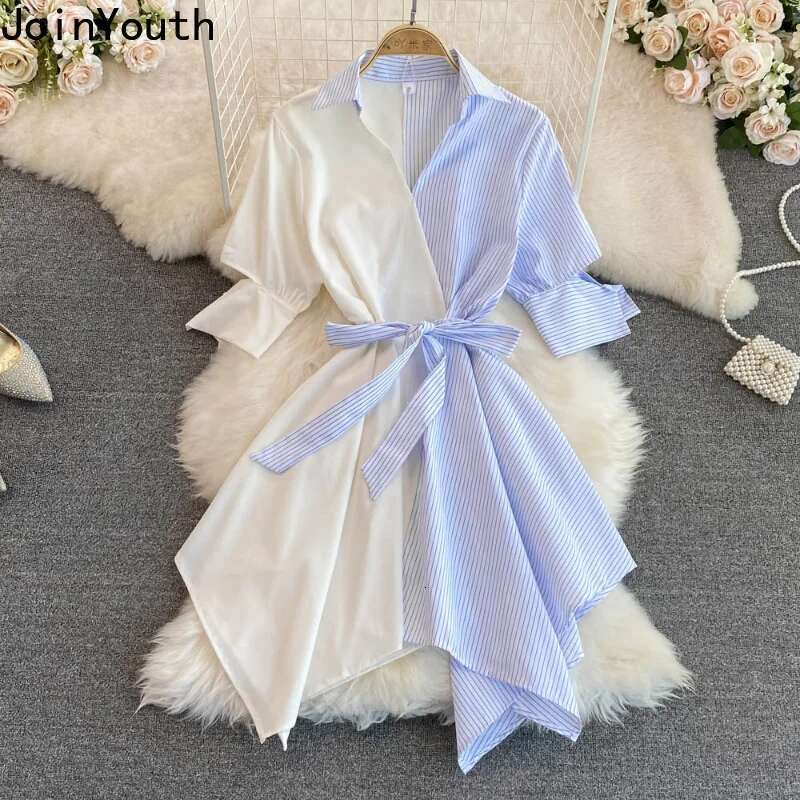 Striped Women Dress Fashion Summer Patchwork Dresses Korean Irregular Long Robe Shirt Dress Elegant Bandage Femme Vestidos