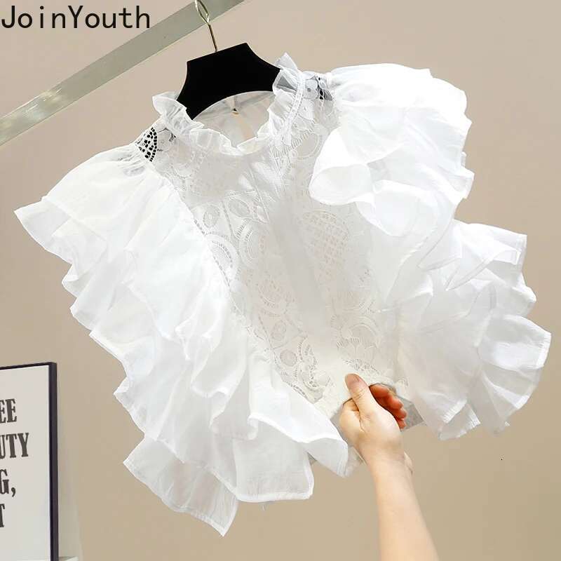 2025 Blusas Mujer De Moda Summer Blouse Women Stand Neck Flying Sleeve Lace Shirts Crop Tops Hollow Out Ruffles Sexy Blouses
