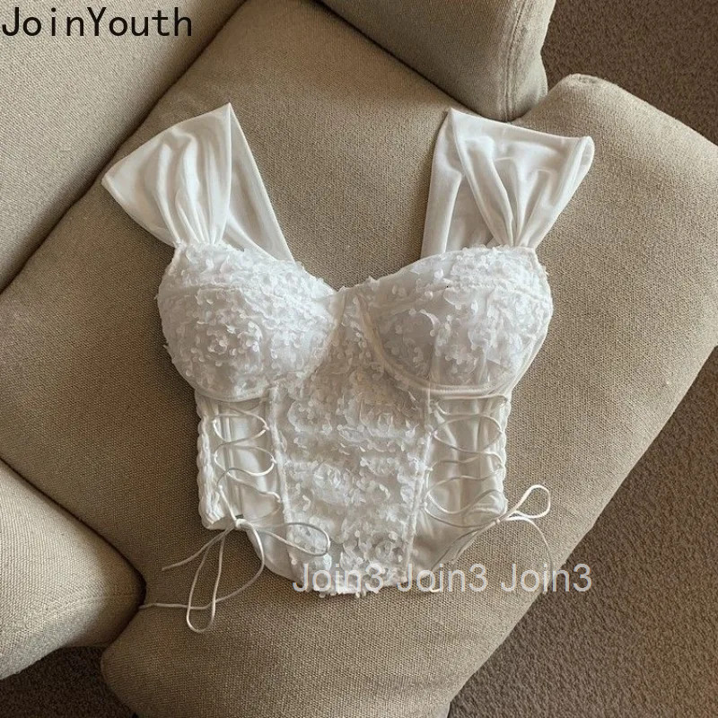 2025 Ropa Mujer Sweet Tank Women Clothing Floral Drawsting Sleeveless Camis Tunic Folds White Crop Tops Fashion Summer Y2k Vest